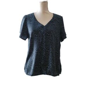 GoodThreads Fluid Twill Marble Navy Wave Covered-Button Short-Sleeve Shirt Sz L